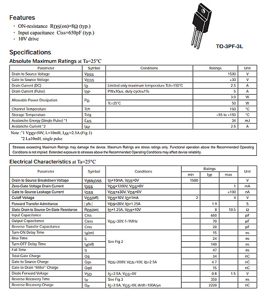 1500V2.5A仙童NDUL03N150C|規格書參數-KIA MOS管